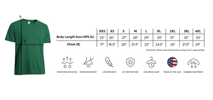 Green t-shirt with size chart and feature icons on a white background