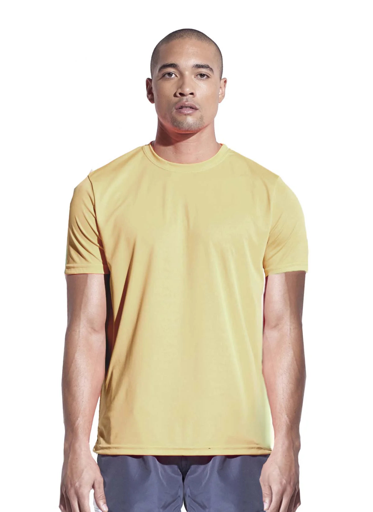 Man wearing a yellow t-shirt on a white background