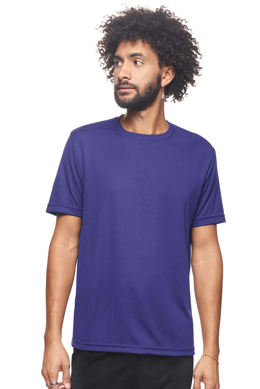 Man wearing a purple t-shirt on a white background