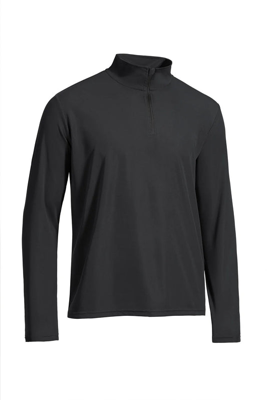 Black long-sleeve shirt with a quarter zip on a white background