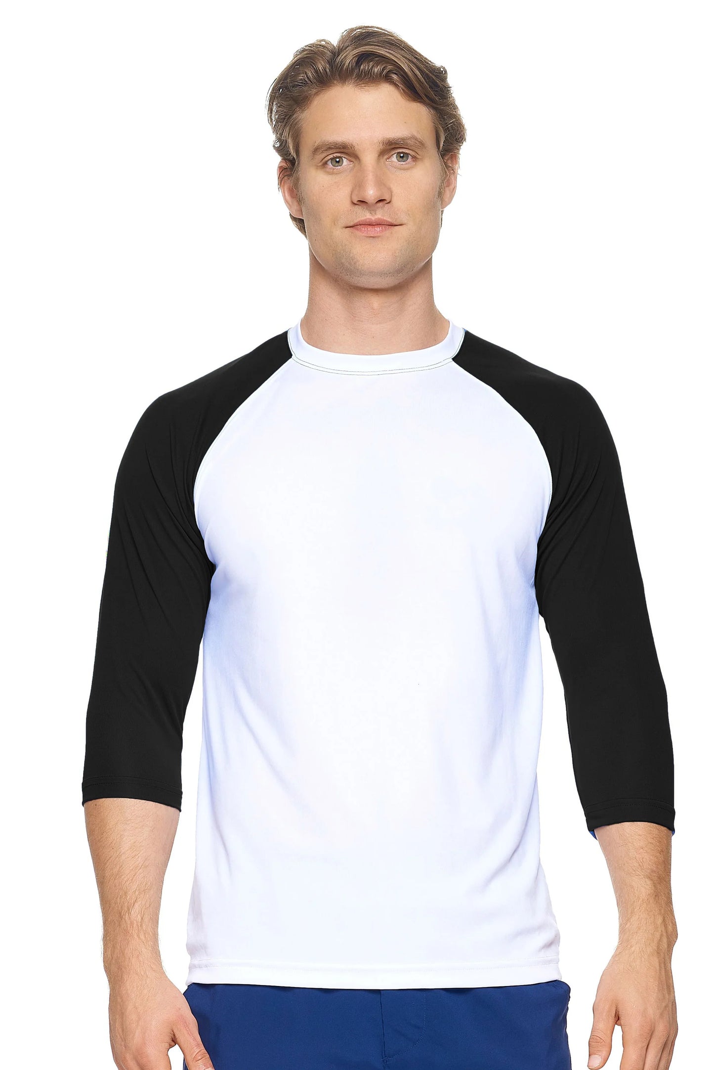 Man wearing a black and white baseball shirt on a white background
