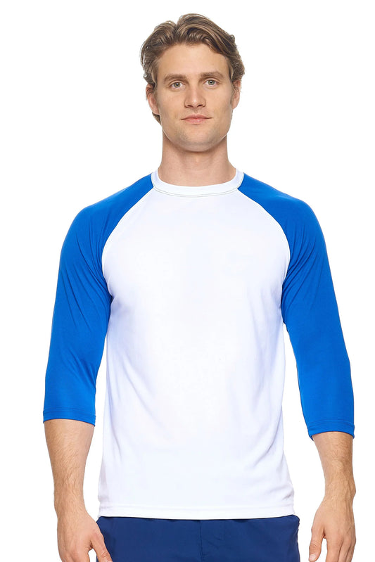 Man wearing a white and blue baseball shirt on a white background