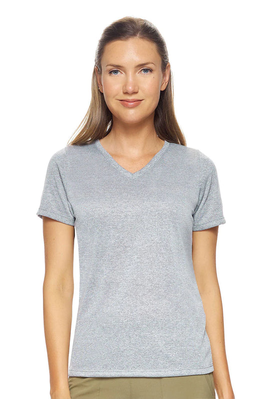Woman wearing a gray t-shirt on a white background