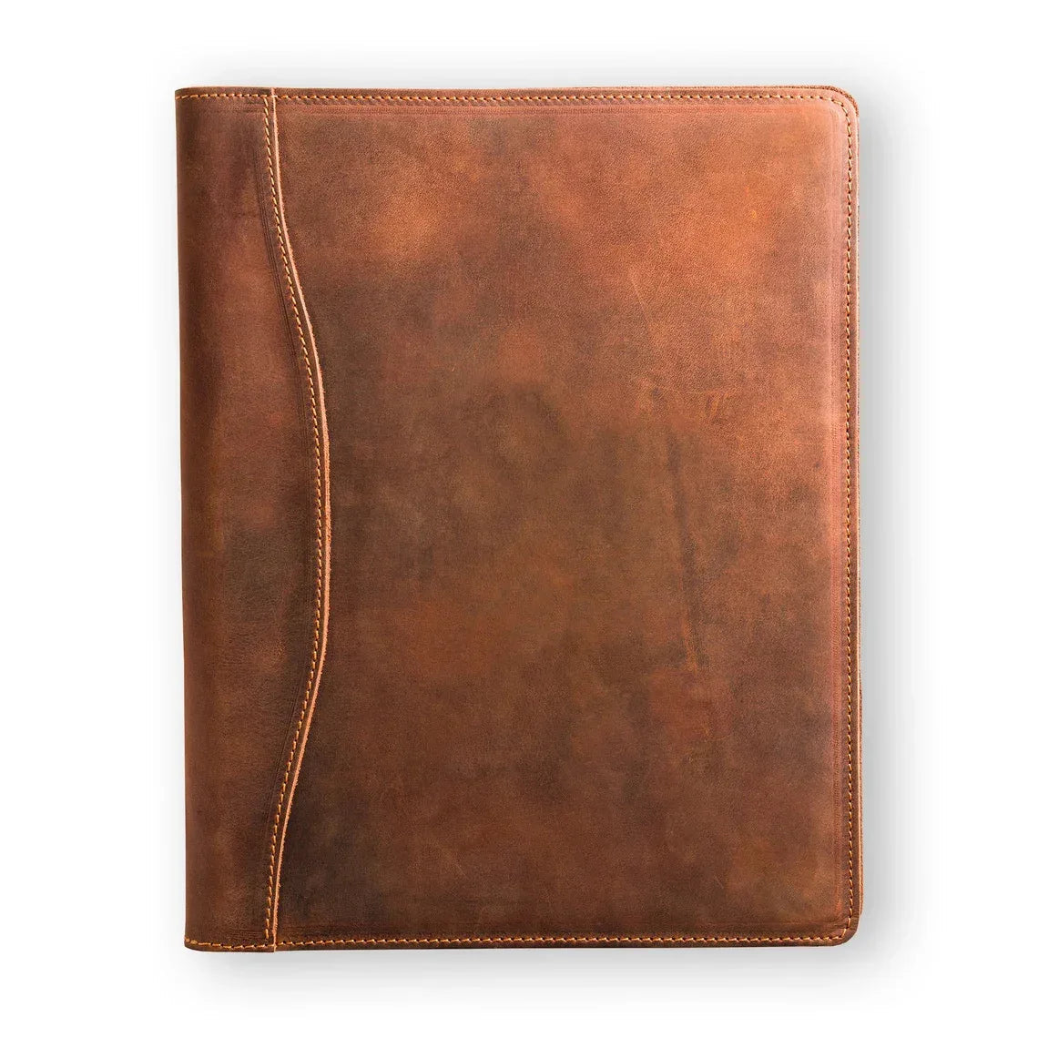 Brown leather padfolio, front cover closed, stitched border