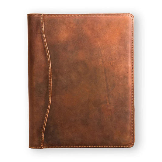Brown leather padfolio, front cover closed, stitched border