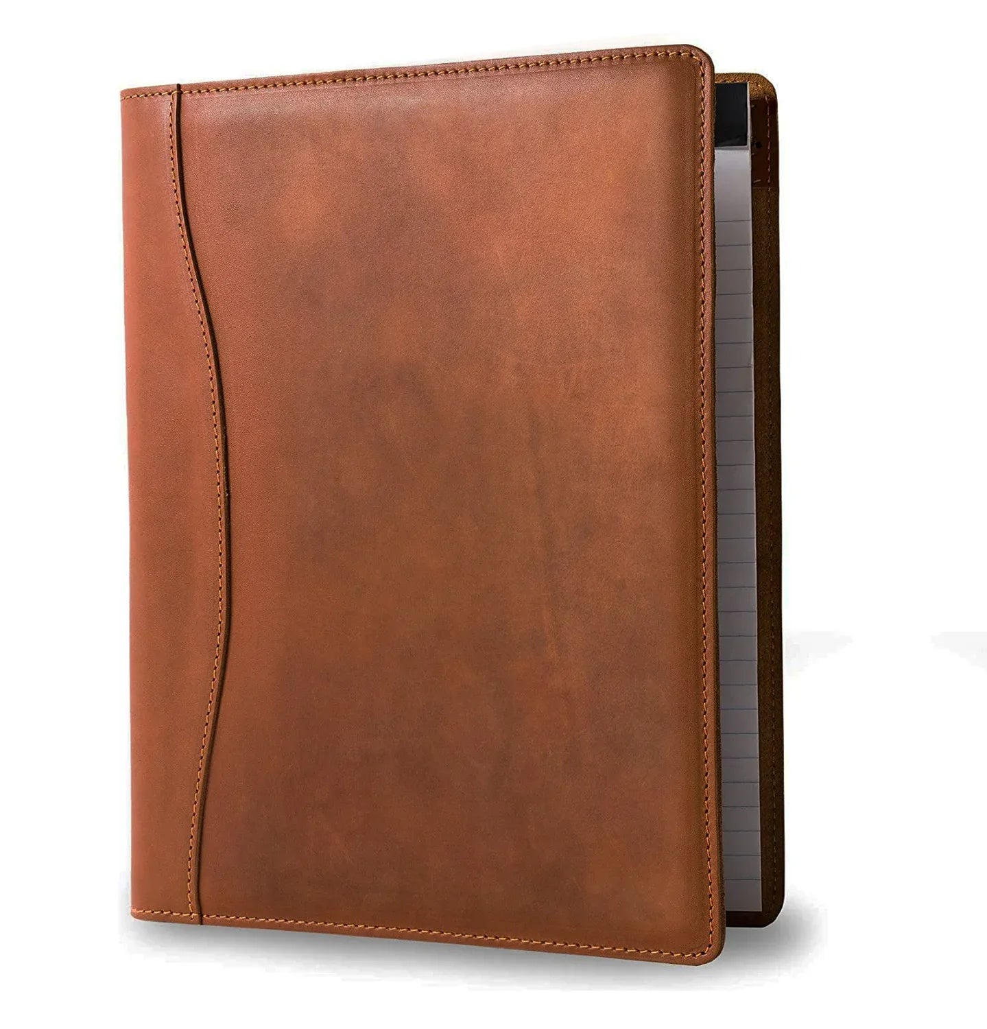 Brown leather padfolio back view with stitched border and slim spine