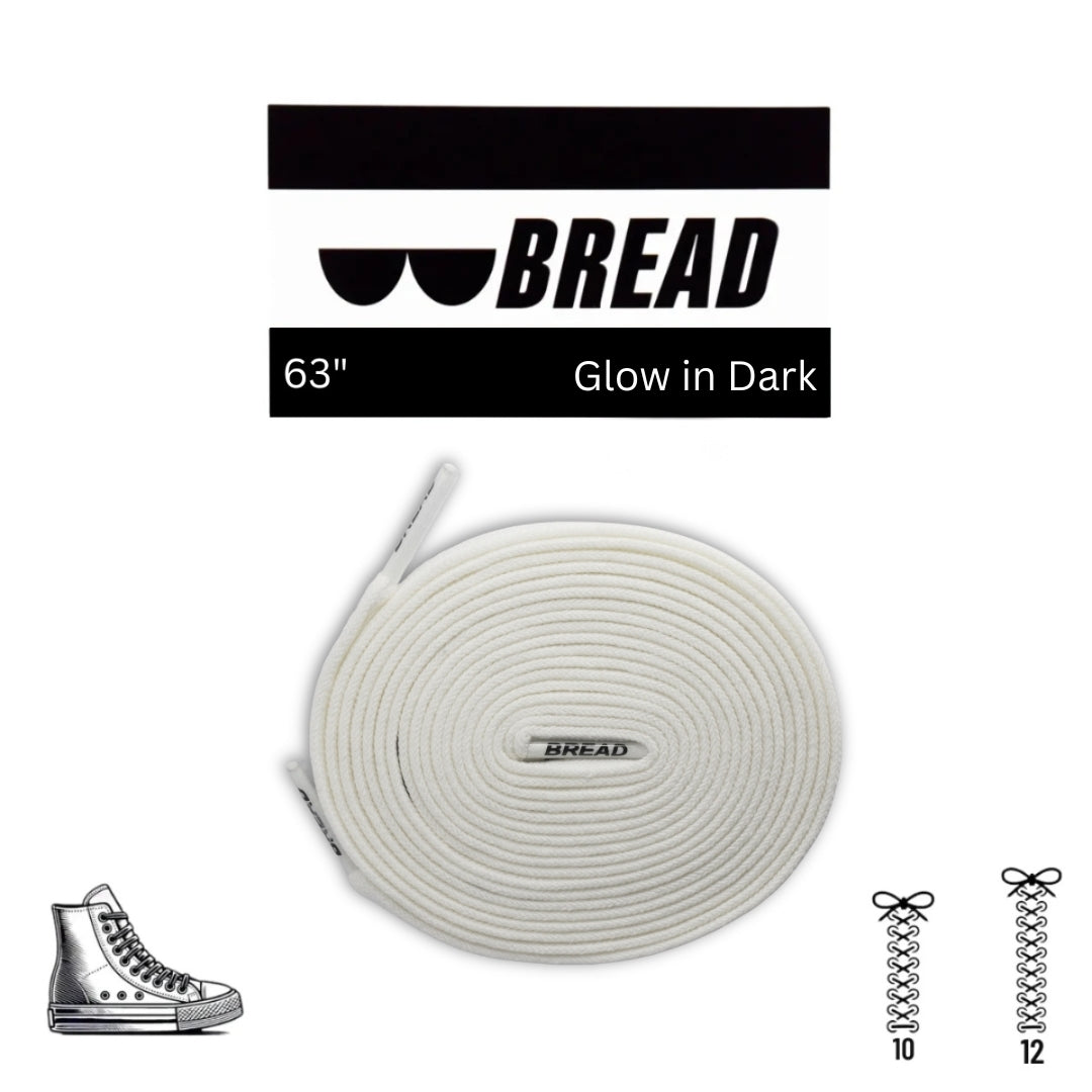 Glow in the dark shoelace with 'BREAD' branding on a white background
