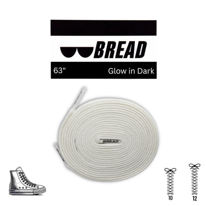 Glow in the dark shoelace with 'BREAD' branding on a white background
