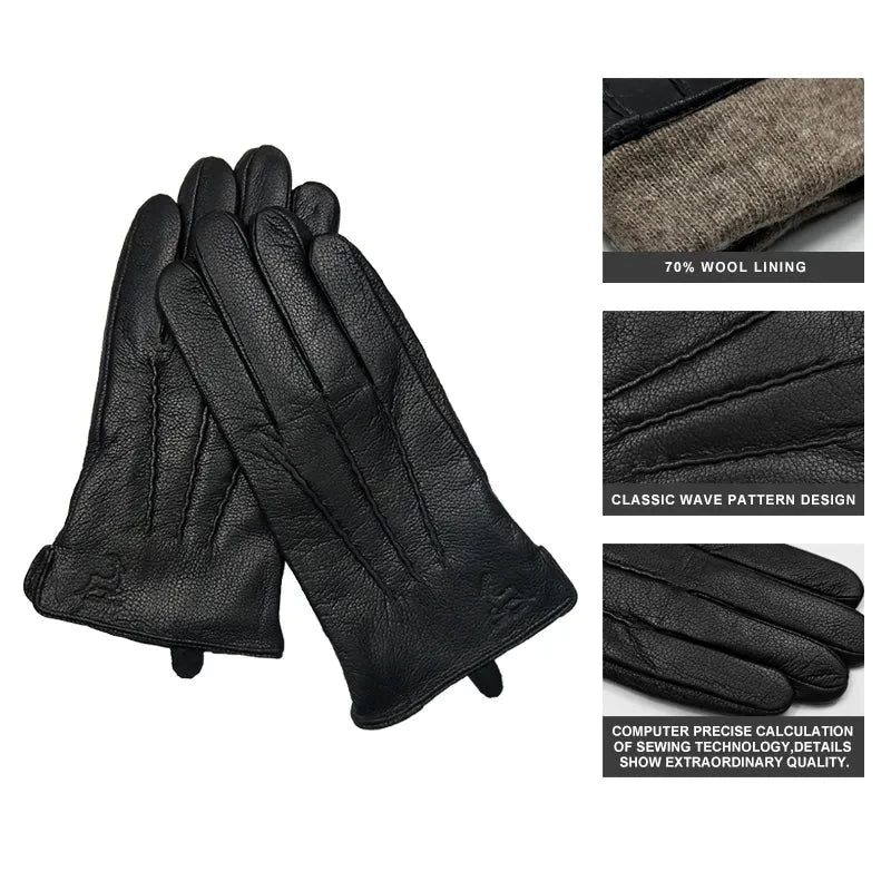 Black Leather and Wool Gloves lining picture classic wave pattern design 70 percent wool and sewing perfection