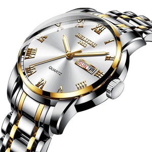 Men's Stainless Steel Business Watch silver and gold accents