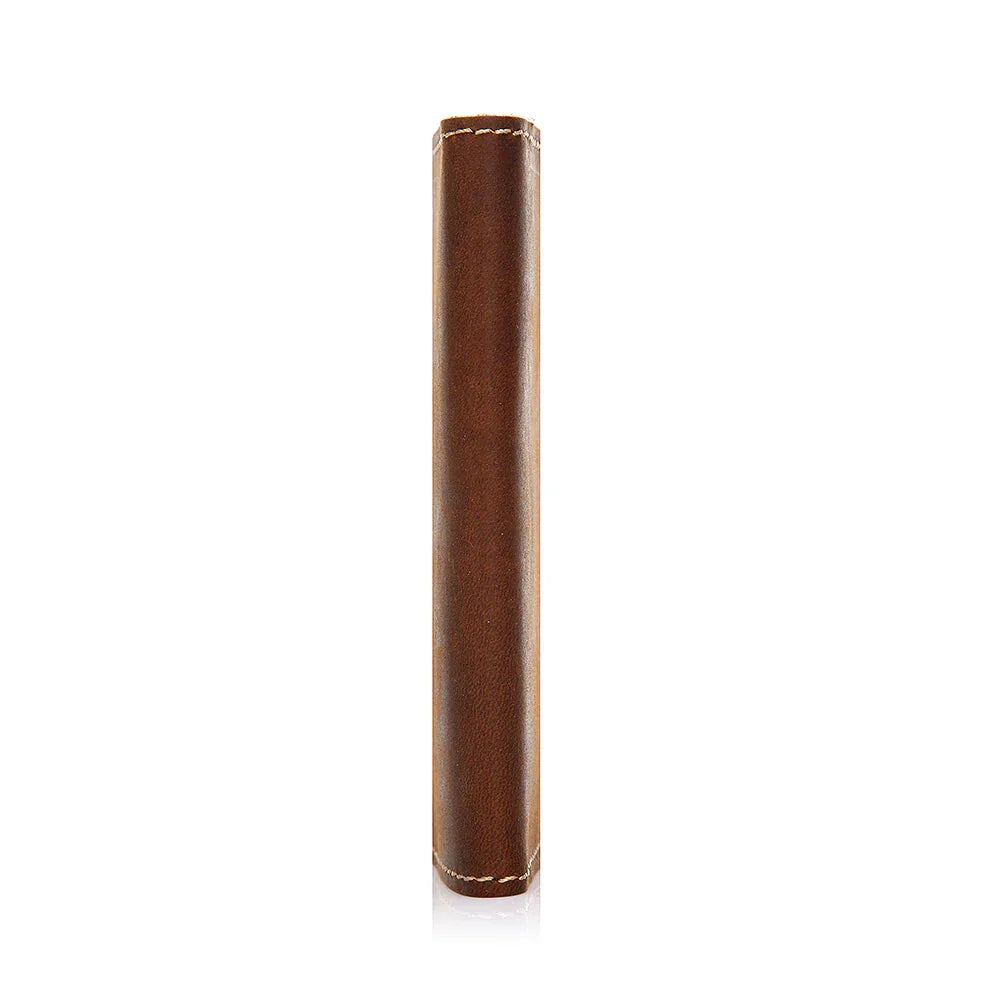 Brown leather passport cover, vertical profile view with stitched edges.