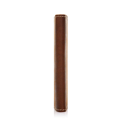Brown leather passport cover, vertical profile view with stitched edges.