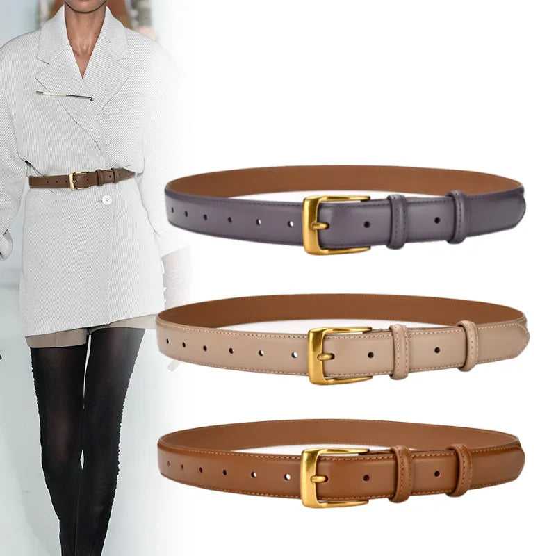 Women's Genuine Leather Belt model wearing brown with three color options next to her in purple khaki and brown