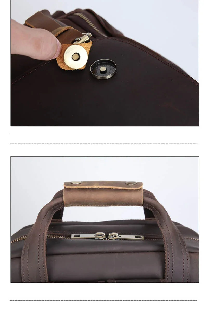 Brown leather backpack top handle strap detail with metal snap and stitching