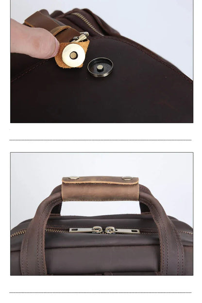 Brown leather backpack top handle strap detail with metal snap and stitching