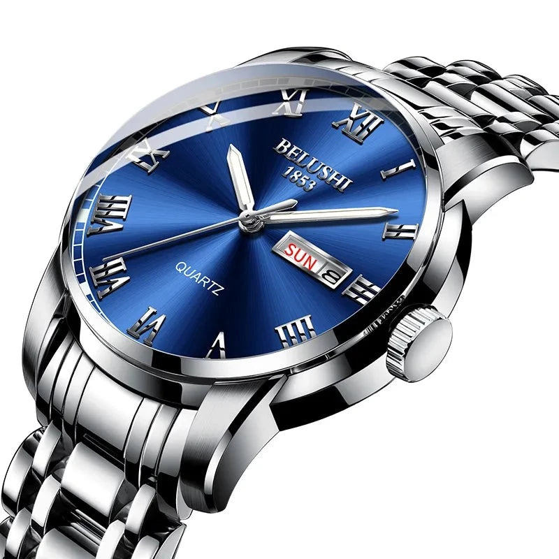 Men's Stainless Steel Business Watch silver and blue