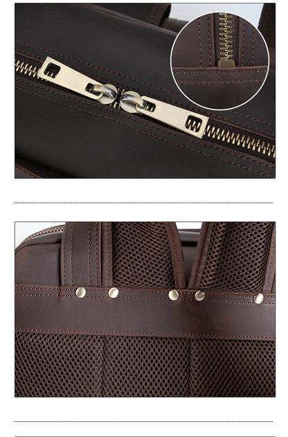Leather backpack zipper pull detail and vented back mesh panel with grommets
