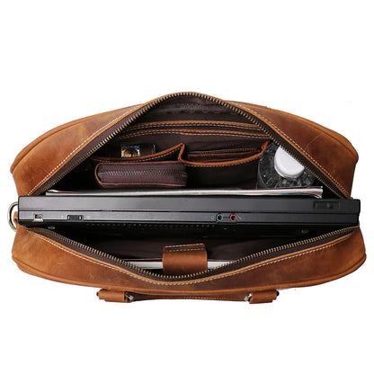 Vintage leather briefcase interior open with documents and zippered pocket