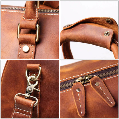 Close-up leather duffle bag hardware with reinforced straps and zipper pull details