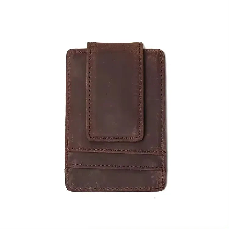 Dark brown leather front pocket wallet with stitched front panel and card-slot window