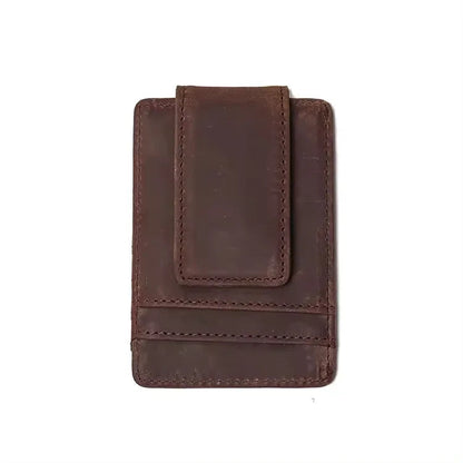 Dark brown leather front pocket wallet with stitched front panel and card-slot window