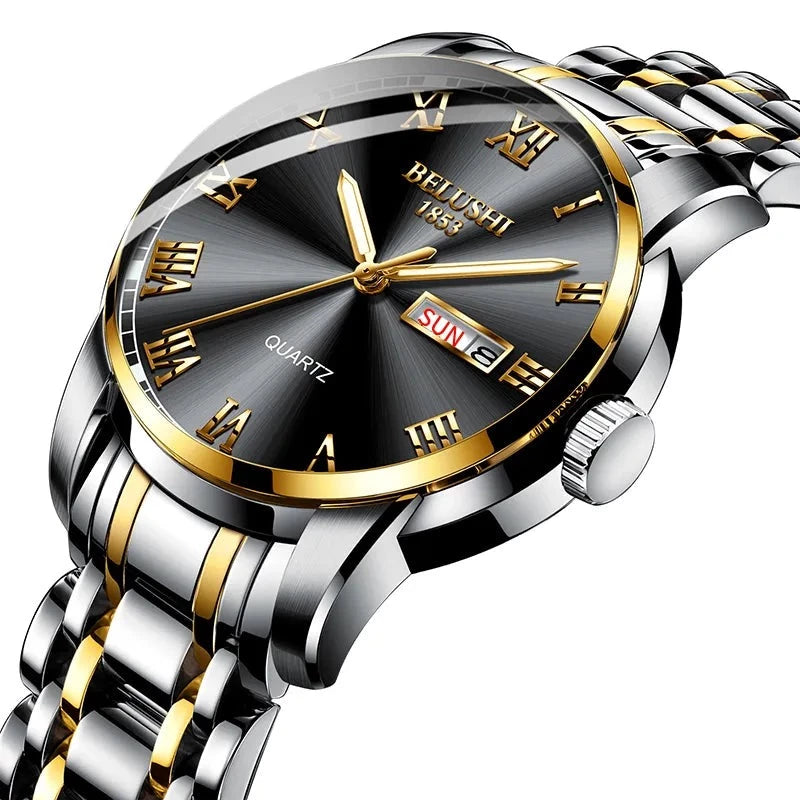 Men's Stainless Steel Business Watch black gold silver