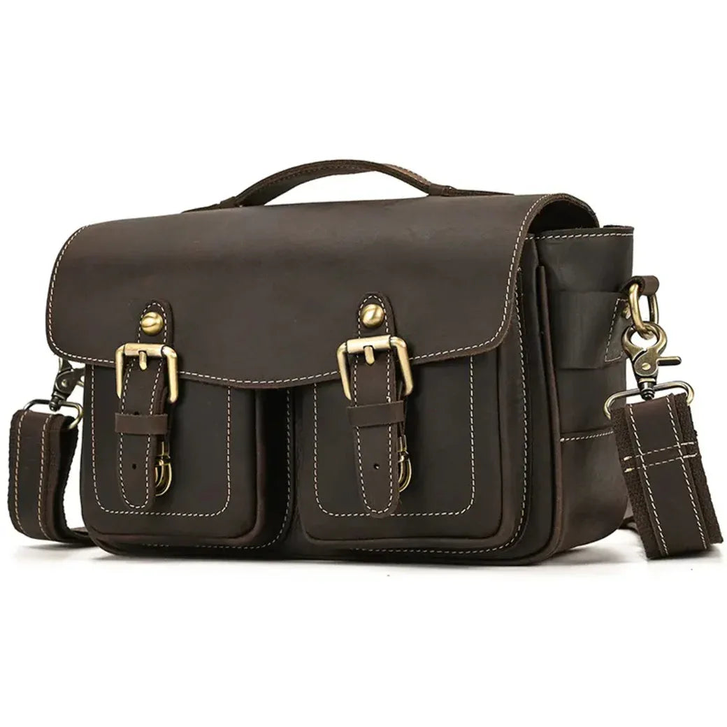 Brown vintage-style crossbody bag with flap closure and front buckle pockets