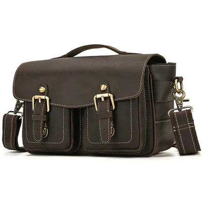 Brown vintage-style crossbody bag with flap closure and front buckle pockets