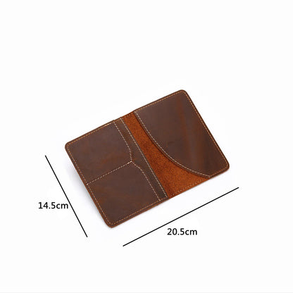 Brown leather passport cover with contrast stitching, closed and measured layout view.