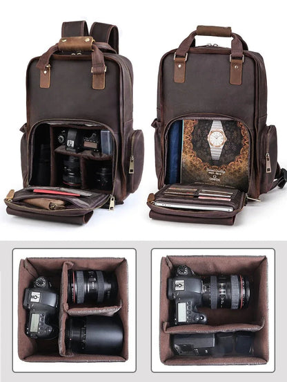 Large dark brown leather camera backpack with open front and padded interior compartments