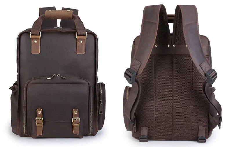 Dark brown leather camera backpack with front pockets and adjustable shoulder straps; rear mesh panel