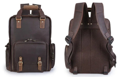 Dark brown leather camera backpack with front pockets and adjustable shoulder straps; rear mesh panel