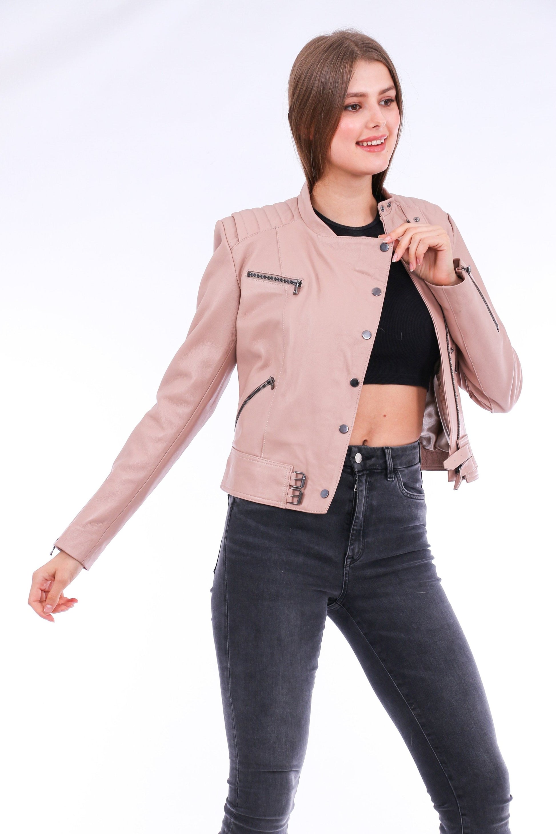 Minimalist Soft Leather Pink Biker Jacket