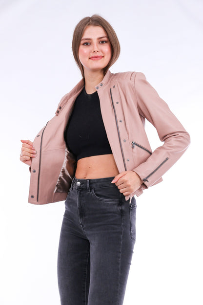 Minimalist Soft Leather Pink Biker Jacket