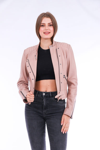 Minimalist Soft Leather Pink Biker Jacket