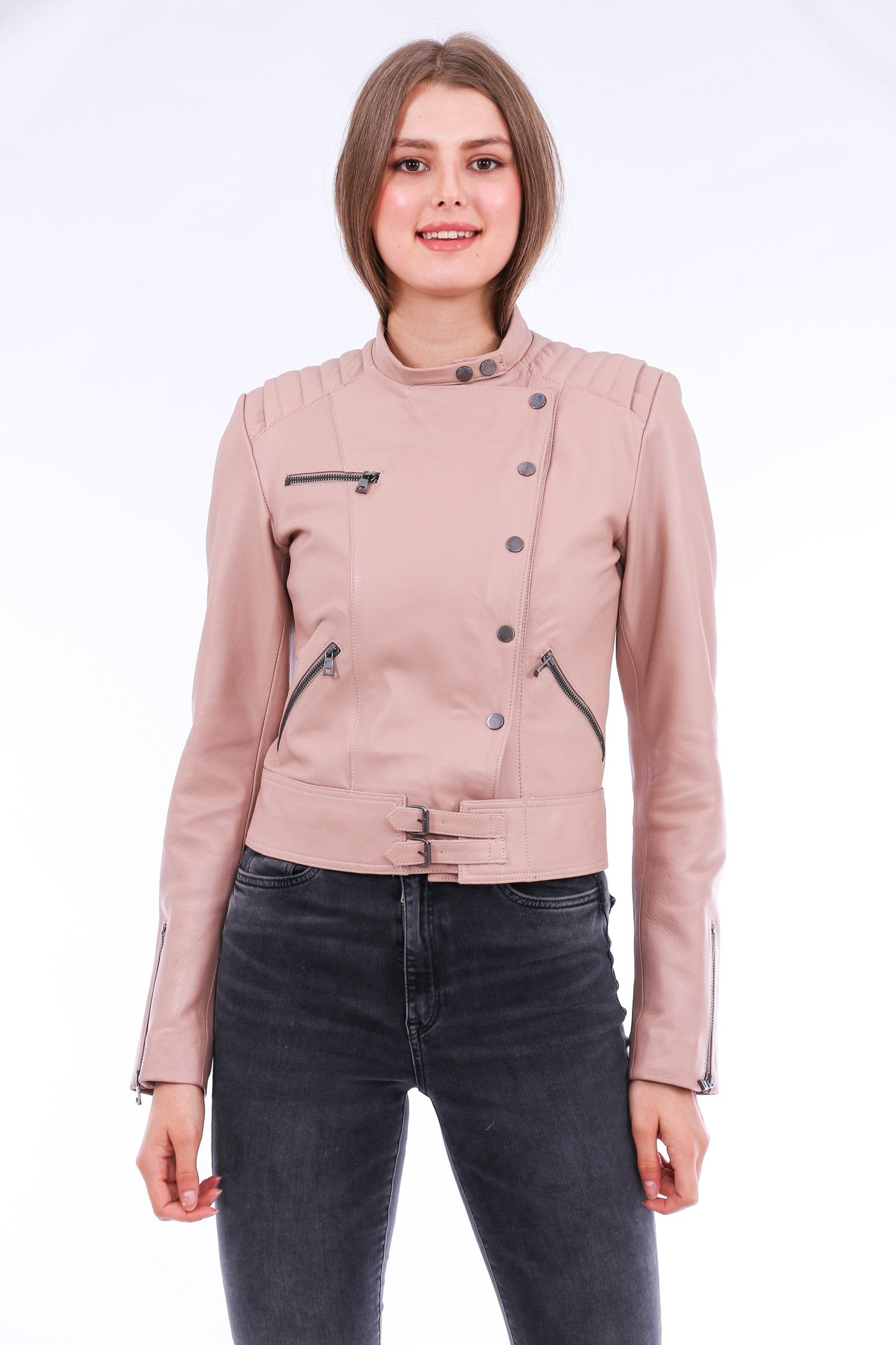 Minimalist Soft Leather Pink Biker Jacket