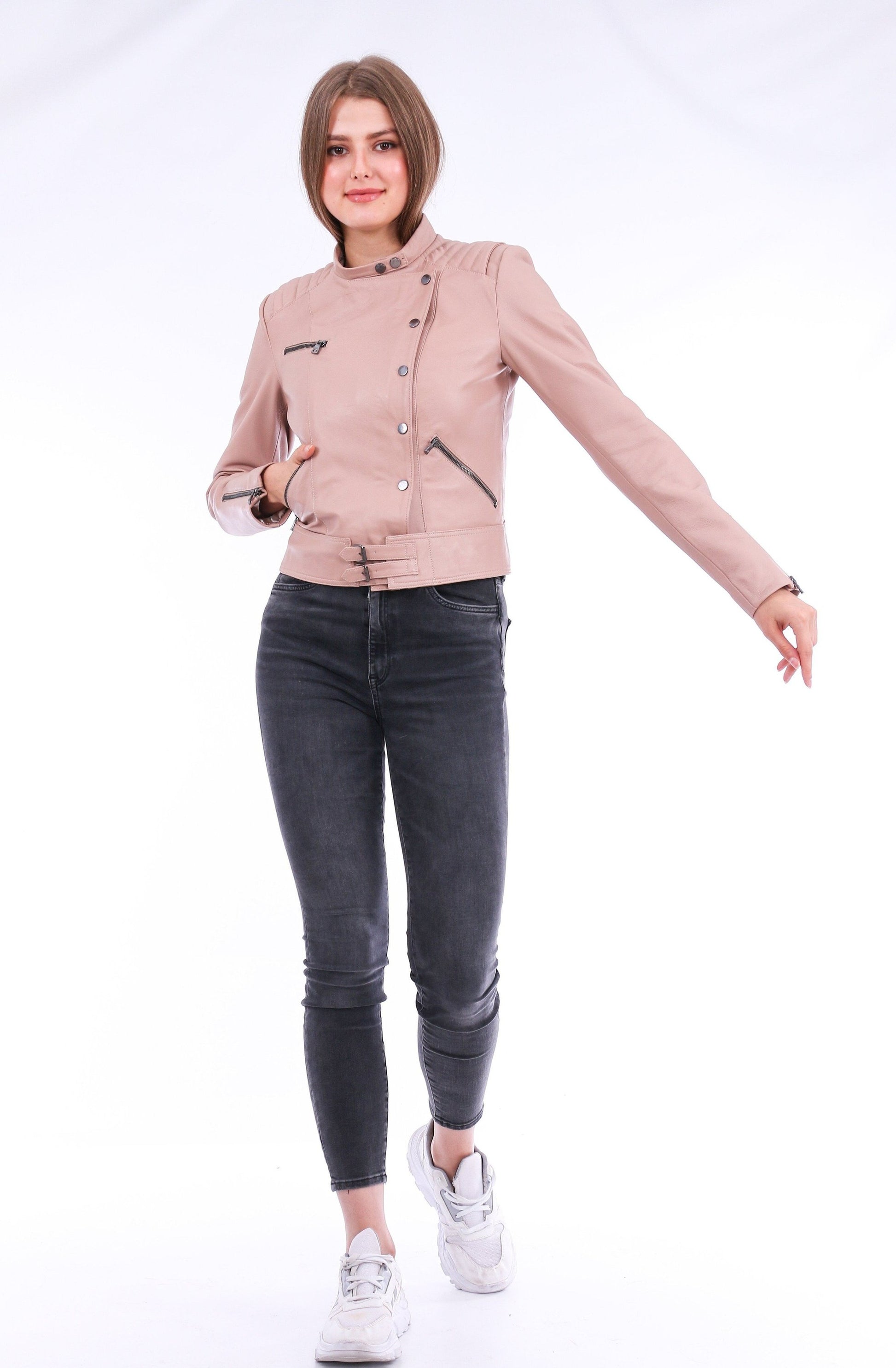 Minimalist Soft Leather Pink Biker Jacket