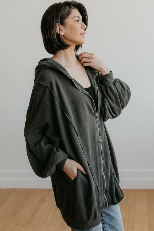 Women's Oversized Zip-Up Sweatshirt side view in black