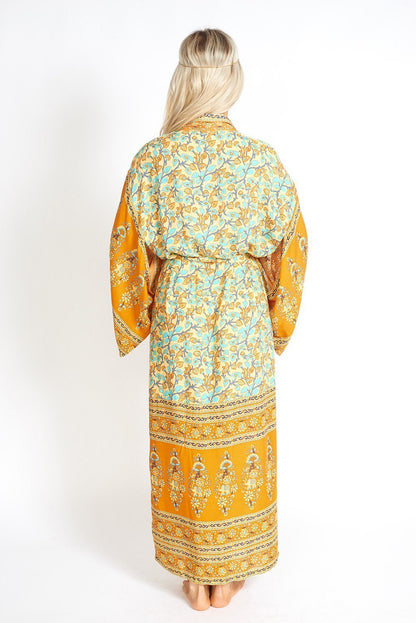 Bohemian Floral Print Kimono Style Orange Robe