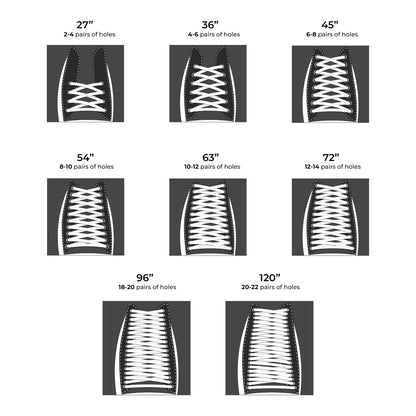 Chart showing different shoe lace lengths with corresponding number of holes for various shoe sizes.