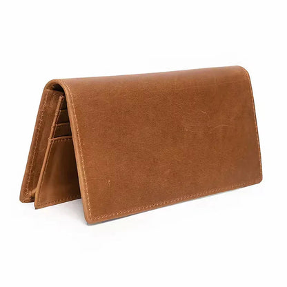 Brown leather pocket book with front fold and interior card pocket visible