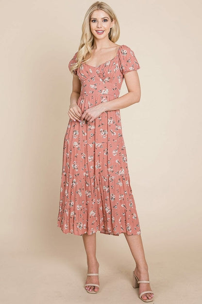 Floral Pleated Open Back Midi Dress