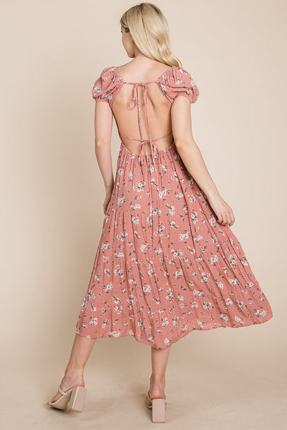 Floral Pleated Open Back Midi Dress rose