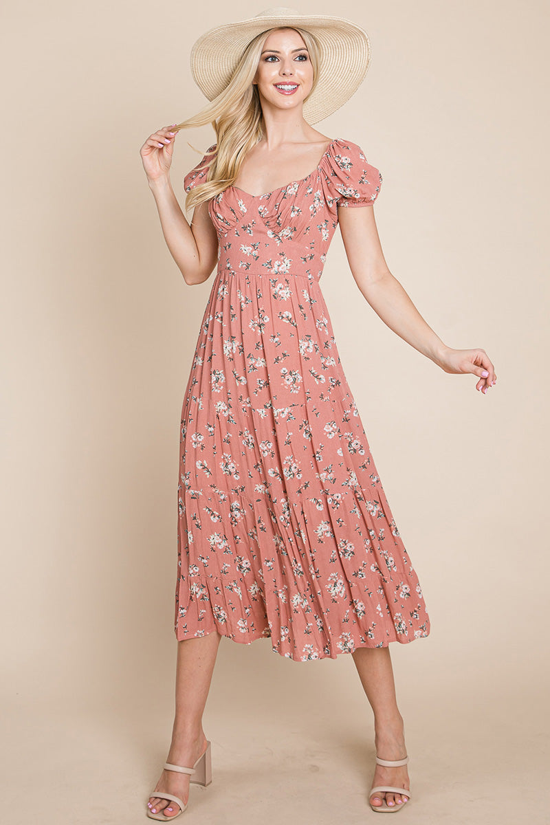 Floral Pleated Open Back Midi Dress rose