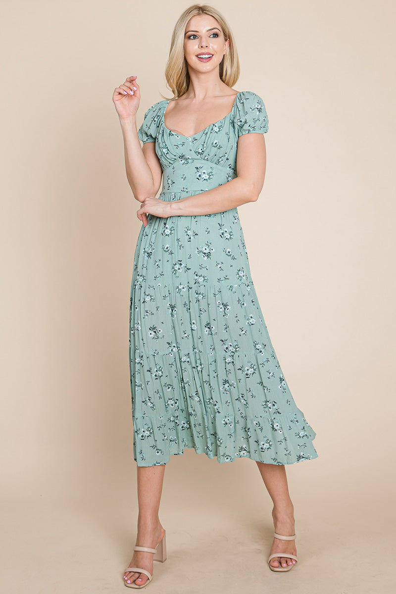 Floral Pleated Open Back Midi Dress green