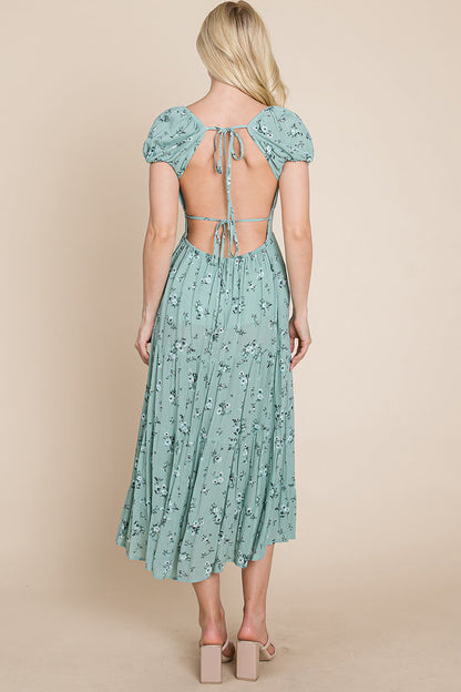 Floral Pleated Open Back Midi Dress green