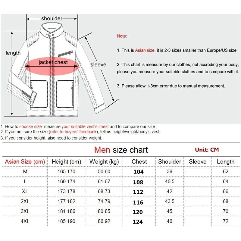 Men's Thick Winter Vest size chart