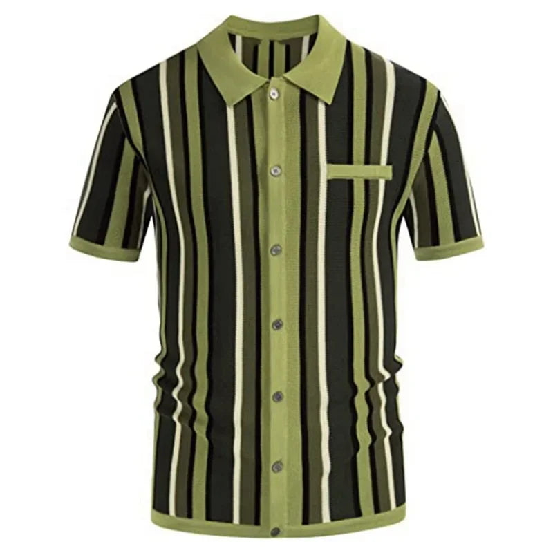 Men's Crochet Polo Shirt with Stripes green