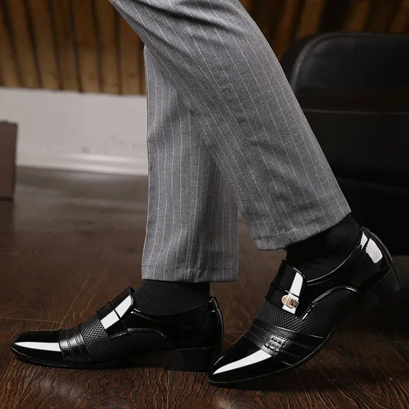 Leather Men's Slip on Dress Shoes black on feet with dress pants