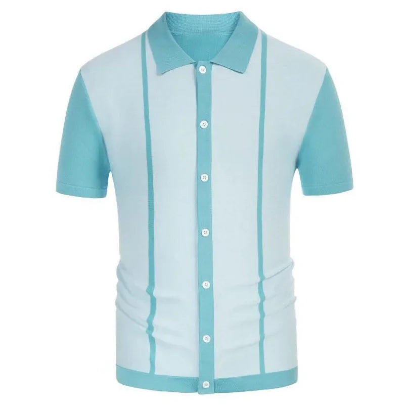 Men's Crochet Polo Shirt with Stripes blue